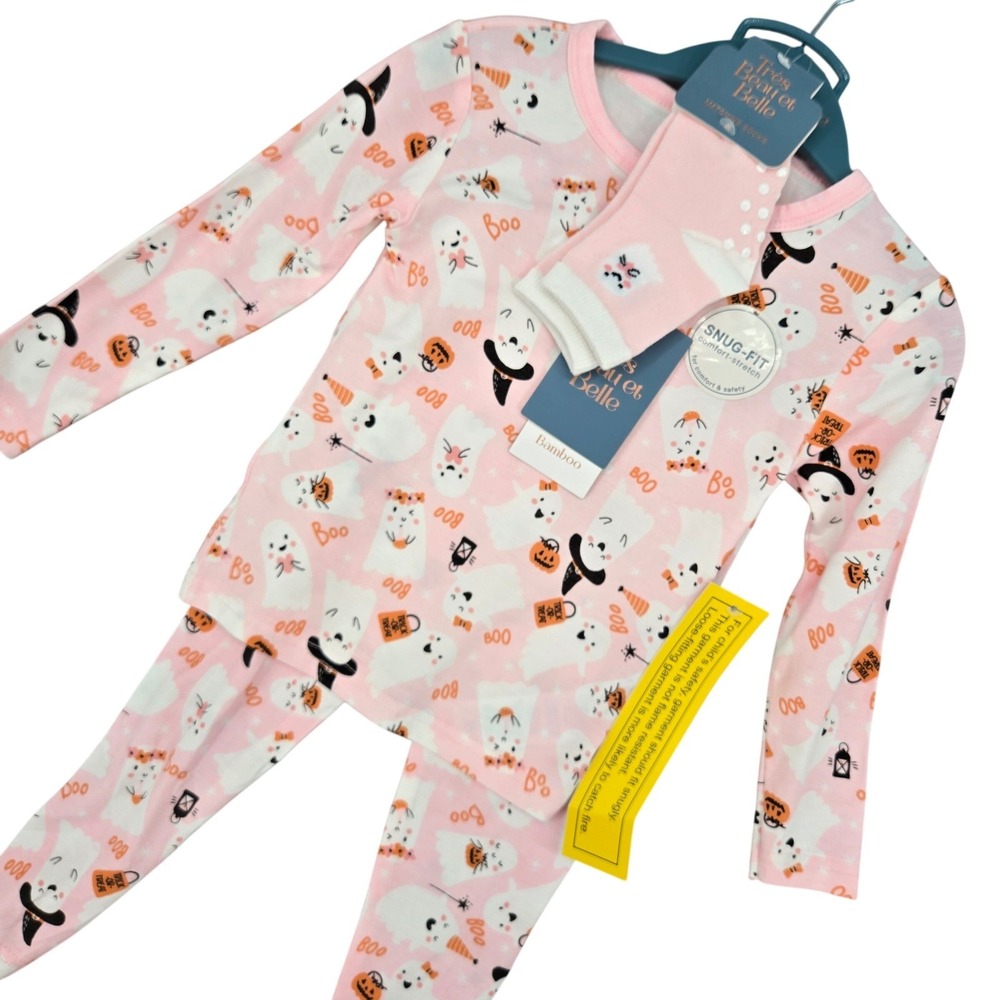 Tres Beau et Belle New 24M Ghost Pajama Set Toddler‎ Girls Halloween Bamboo Pink